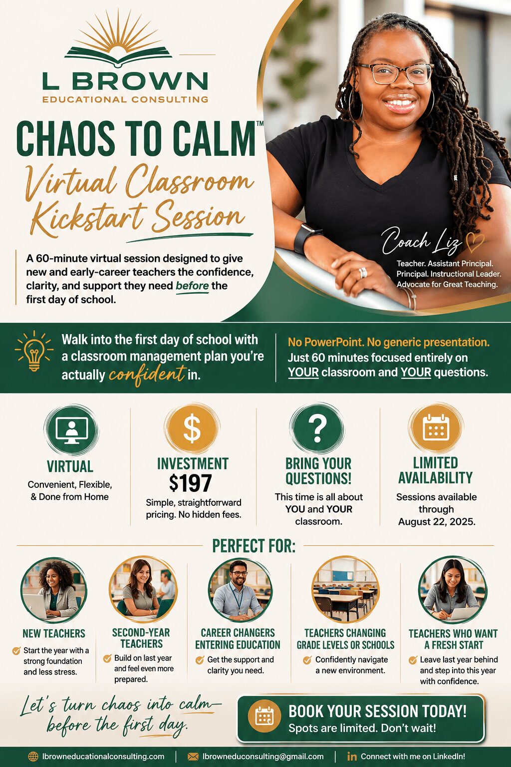 A woman with glasses and curly hair smiling, with text about a virtual classroom kickoff session, and icons for virtual, investment, questions, and limited availability.