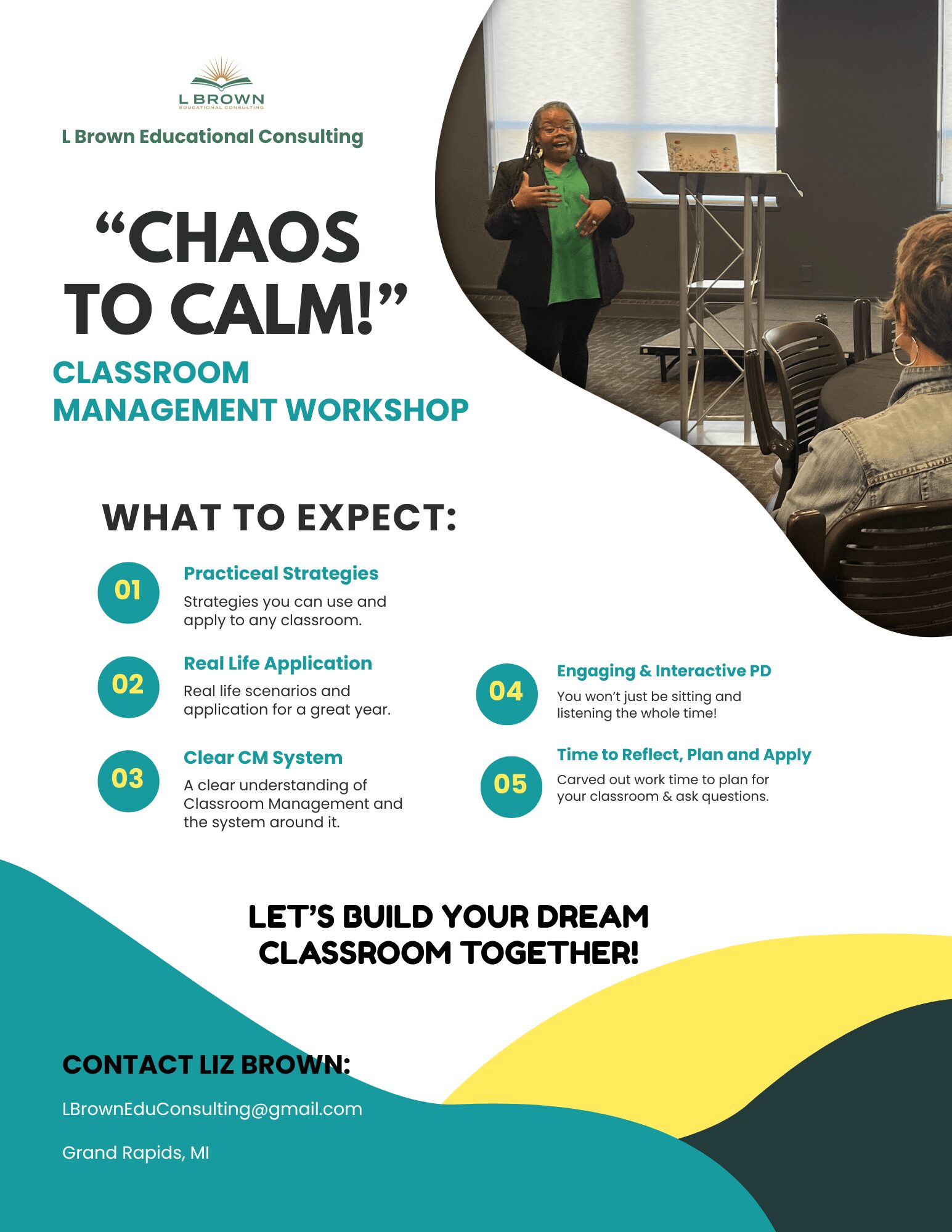 Woman speaking at a classroom management workshop, with a presentation slide titled 'Chaos to Calm!' and a group of people listening.