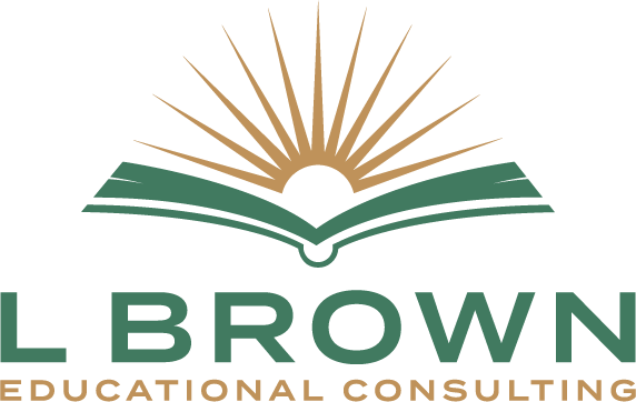 Open book with rays emanating from it, and text reading 'L BROWN EDUCATIONAL CONSULTING'.