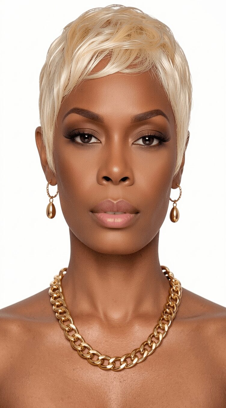 Portrait of a woman with short blonde hair, gold jewelry, and a neutral expression.