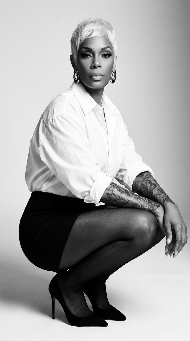 Woman with short blonde hair, wearing a white shirt, black skirt, and high heels, squatting with tattooed arms.
