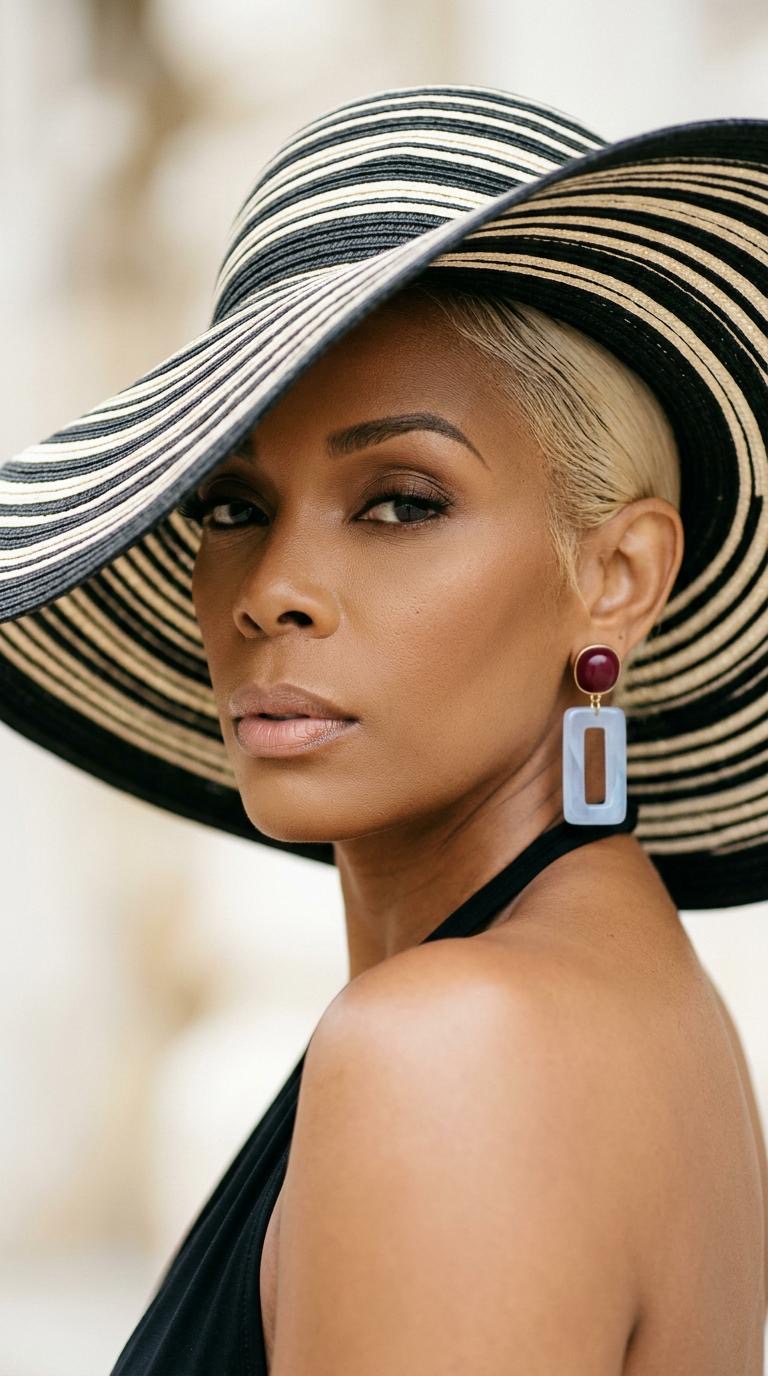 Woman with short hair wearing a large striped sun hat and purple earrings, looking at the camera.