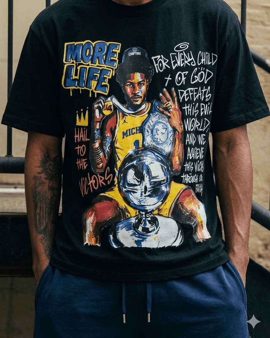 Person wearing a black T-shirt with colorful graphic and text, standing outdoors with hands in pockets.