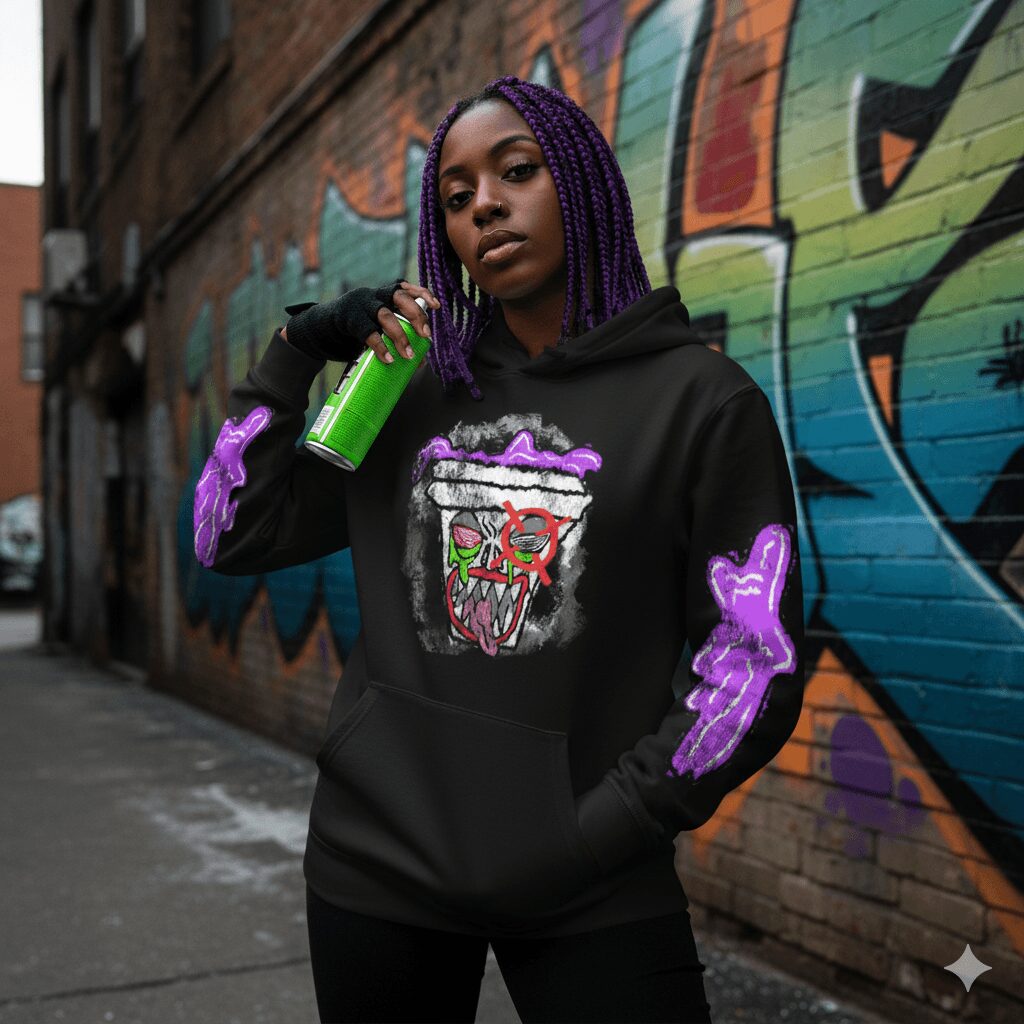 Young woman with purple braids holding a green spray can, standing in front of a colorful graffiti wall.