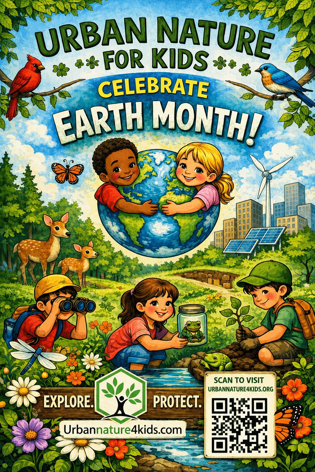 Children holding a globe surrounded by nature, animals, and eco-friendly symbols, celebrating Earth Month outdoors with city and nature elements.