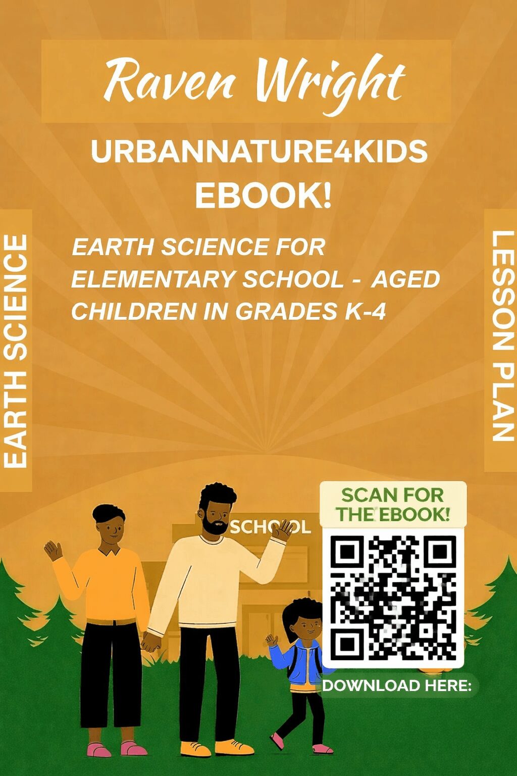 Book cover with orange background, title, and illustration of a person with two children, QR code for ebook download.