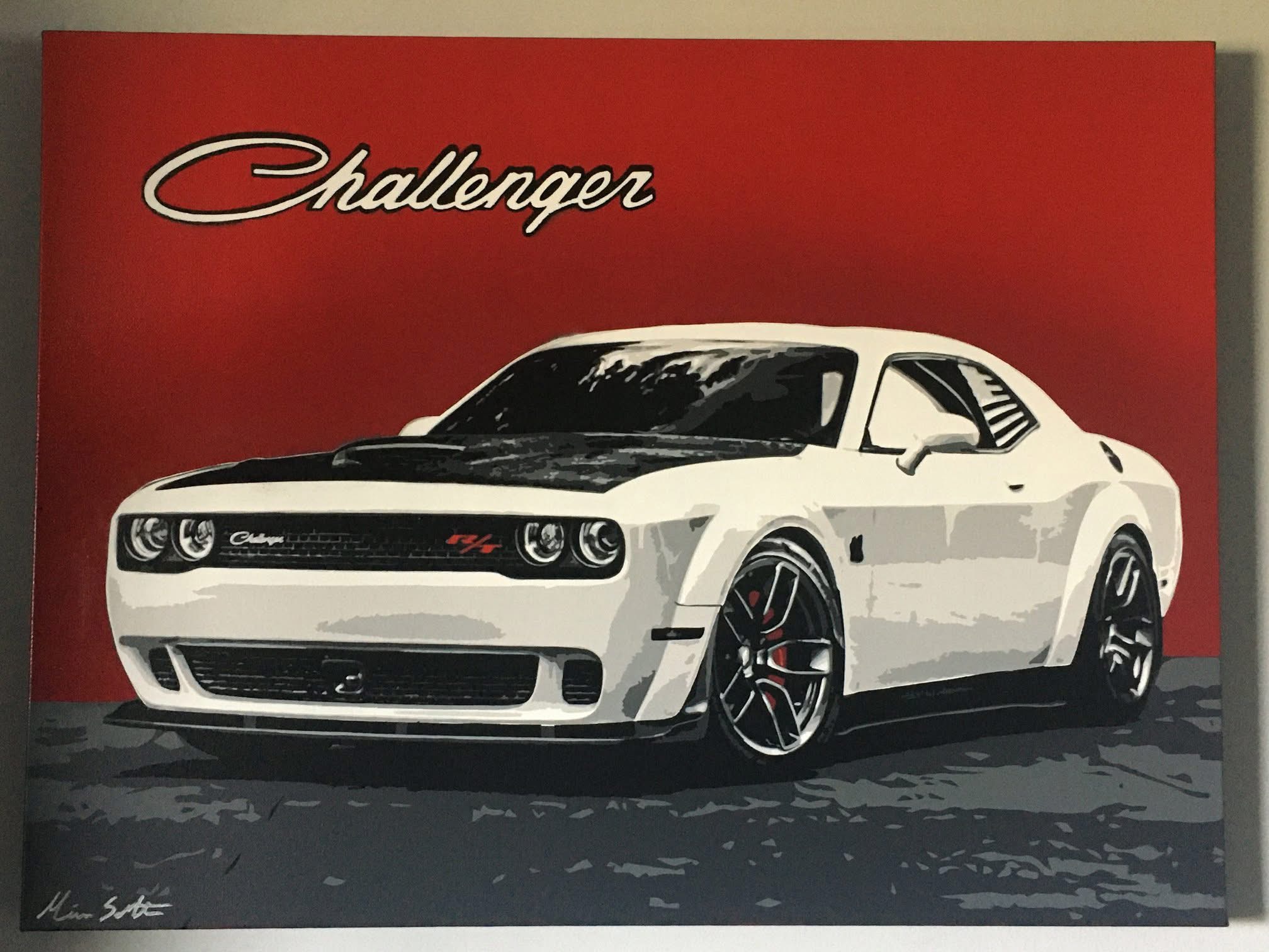 White Dodge Challenger car with black accents on a red background, parked on a dark surface, front view.