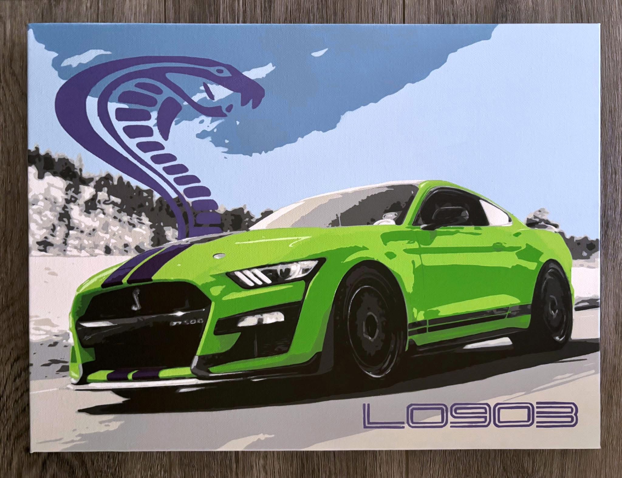 Bright green sports car on road with a large purple snake illustration in the background, and the text 'LOS03' at the bottom.