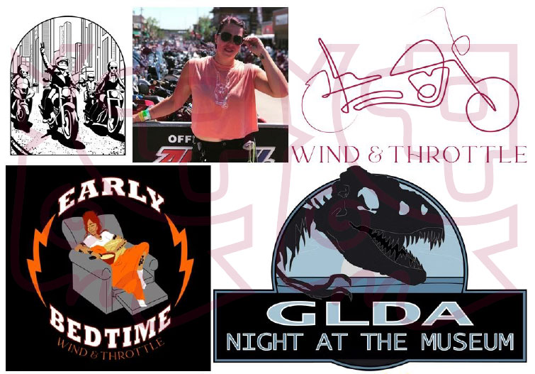 Collage of five images including a black-and-white illustration, a woman in sunglasses, a logo with a signature, a cartoon fox, and a dinosaur logo.