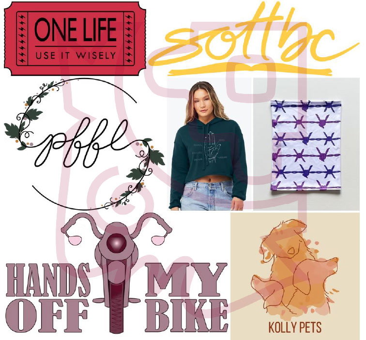 Collage of various images including a woman, wrapped gift, pet illustration, and text elements. No clear upright orientation.