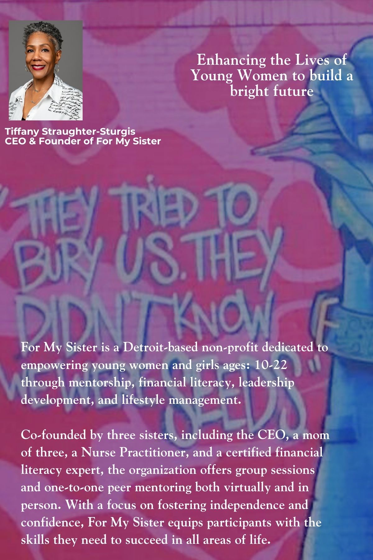 Pink background with purple and blue text, featuring a woman smiling, and a quote about empowering women and leadership.