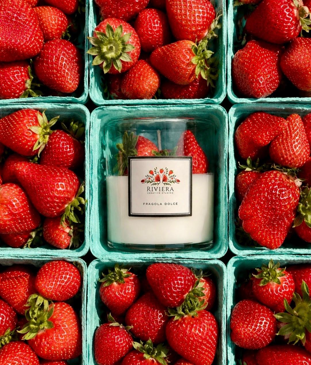 Fresh strawberries in green containers surrounding a white candle with a label, arranged in a grid pattern.