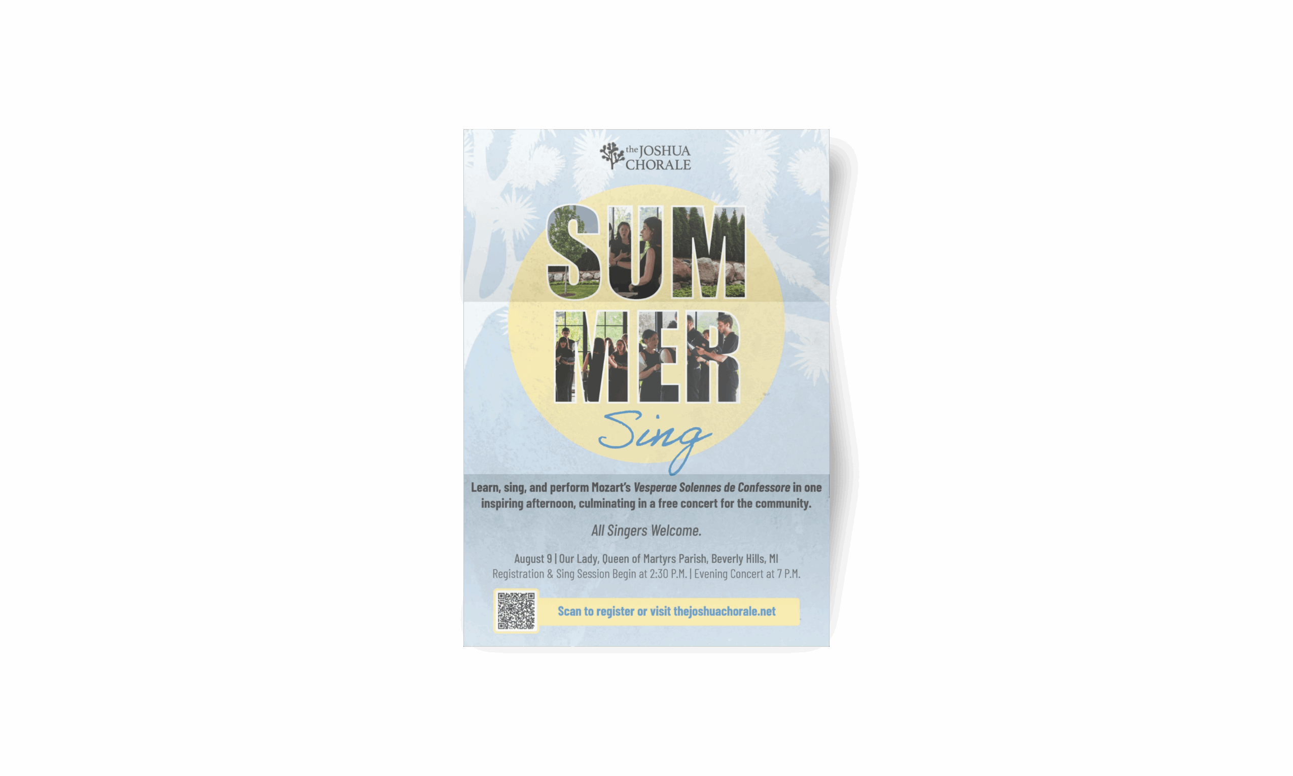 Summer event poster with text and a light blue background, featuring the words 'SUMMER' and 'Sing', and additional details.