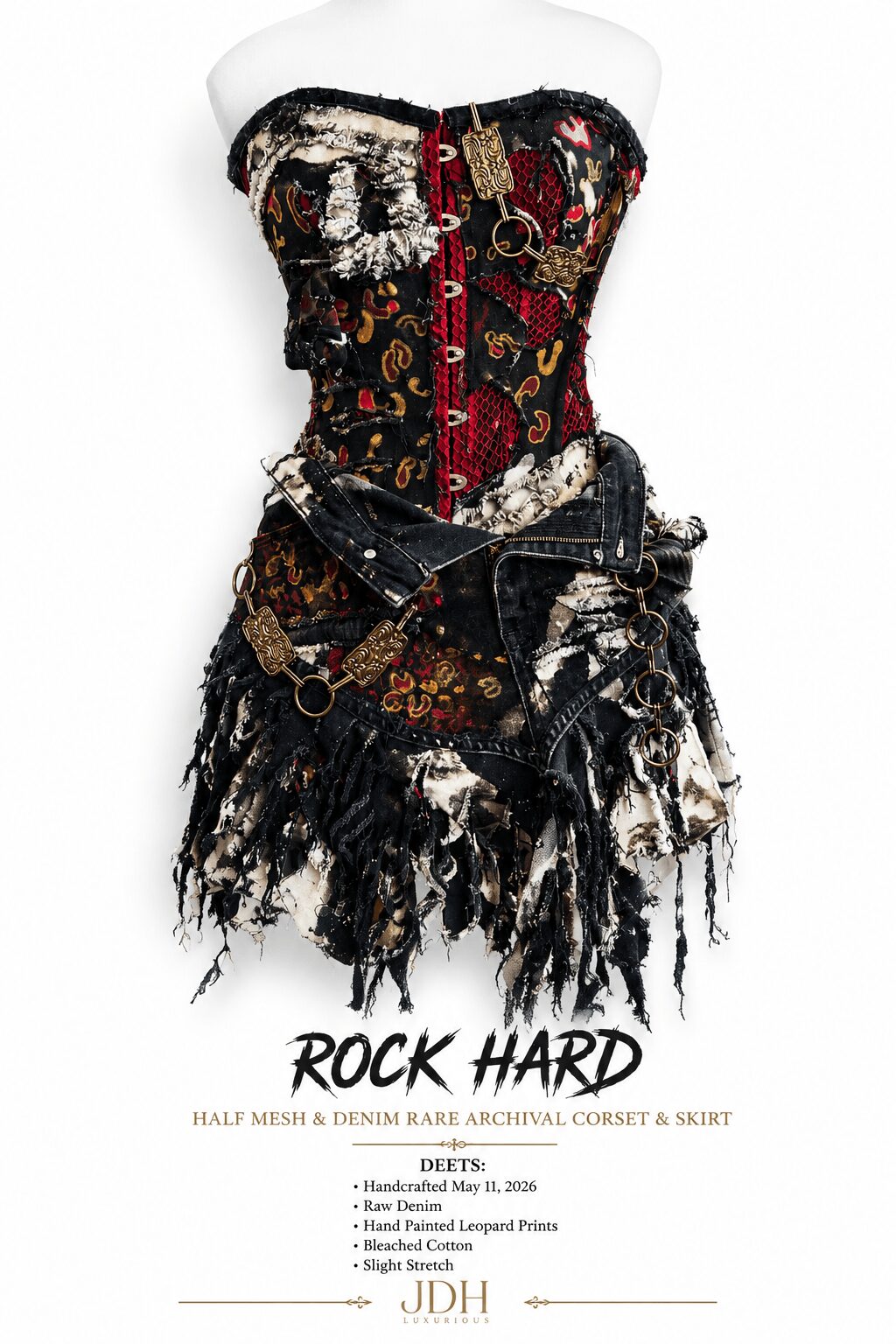 Strapless dress with a black, red, and gold pattern, fringes at the bottom, and the words 'ROCK HARD' below.