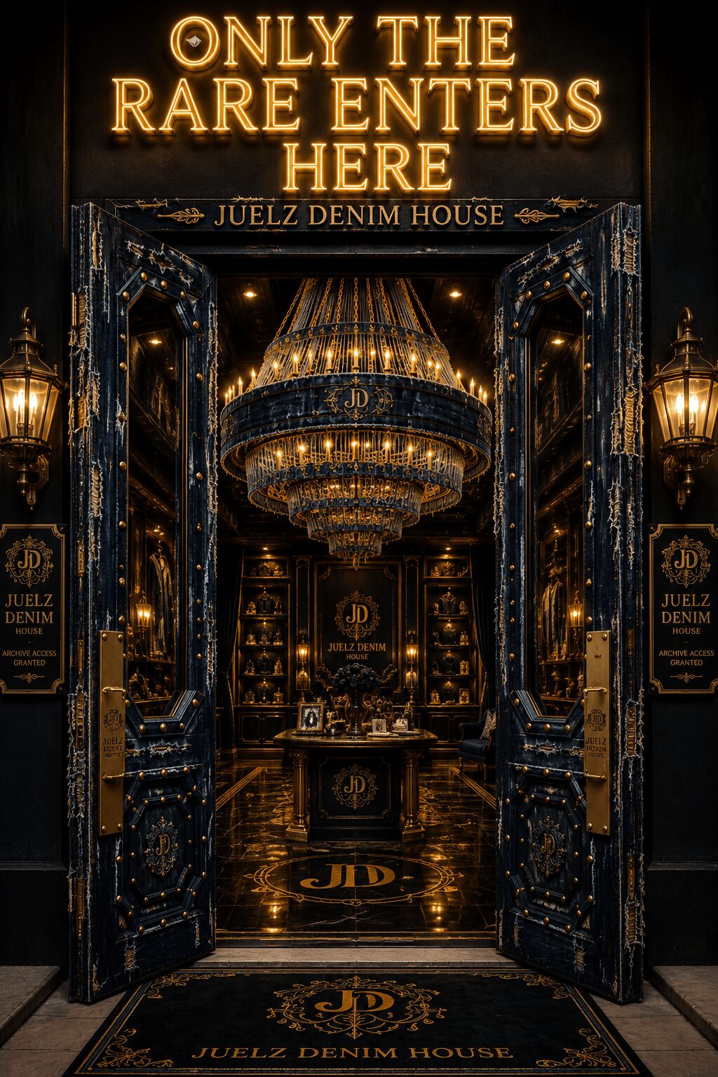 Open door revealing a luxurious interior with a chandelier, gold accents, and a sign reading 'Only the rare enters here'.