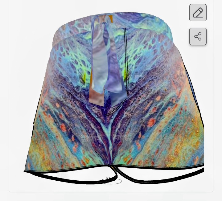 Colorful abstract pattern shorts with drawstring waist and black trim, front view, on a white background.