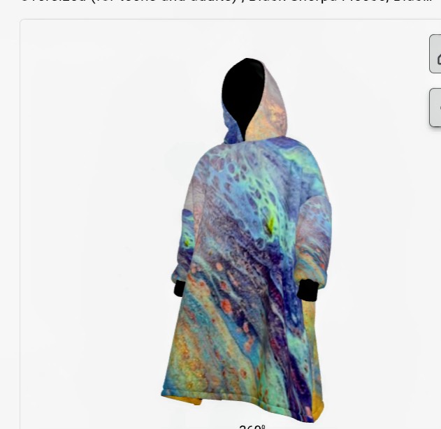 Person wearing a colorful, abstract-patterned coat with a hood, facing away from the camera.