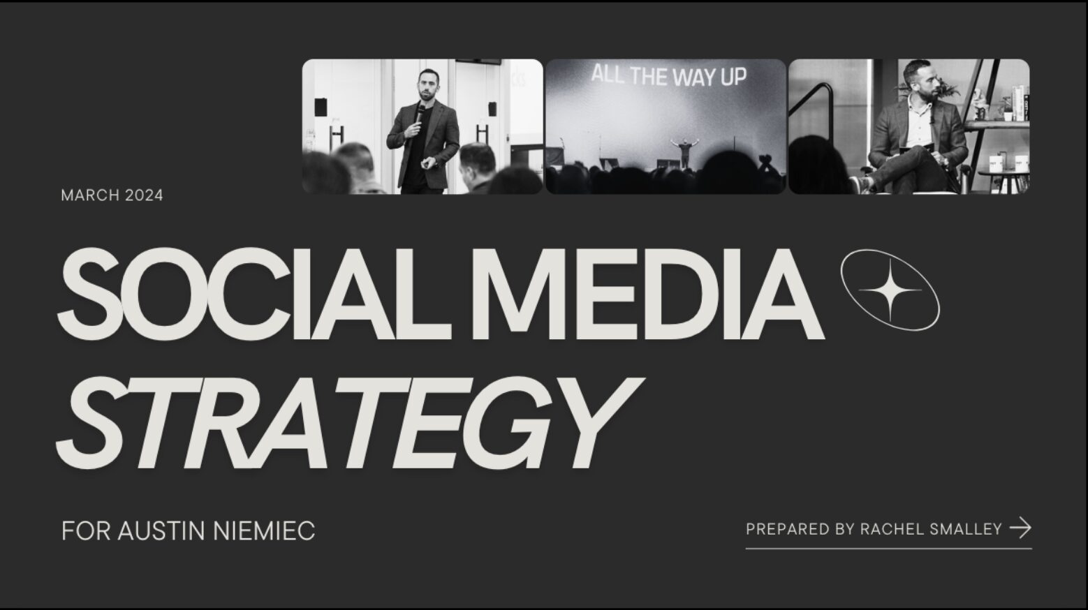 Cover page titled 'Social Media Strategy' for Austin Niemiec, March 2024, prepared by Rachel Smalley, with images of people speaking and a cityscape.