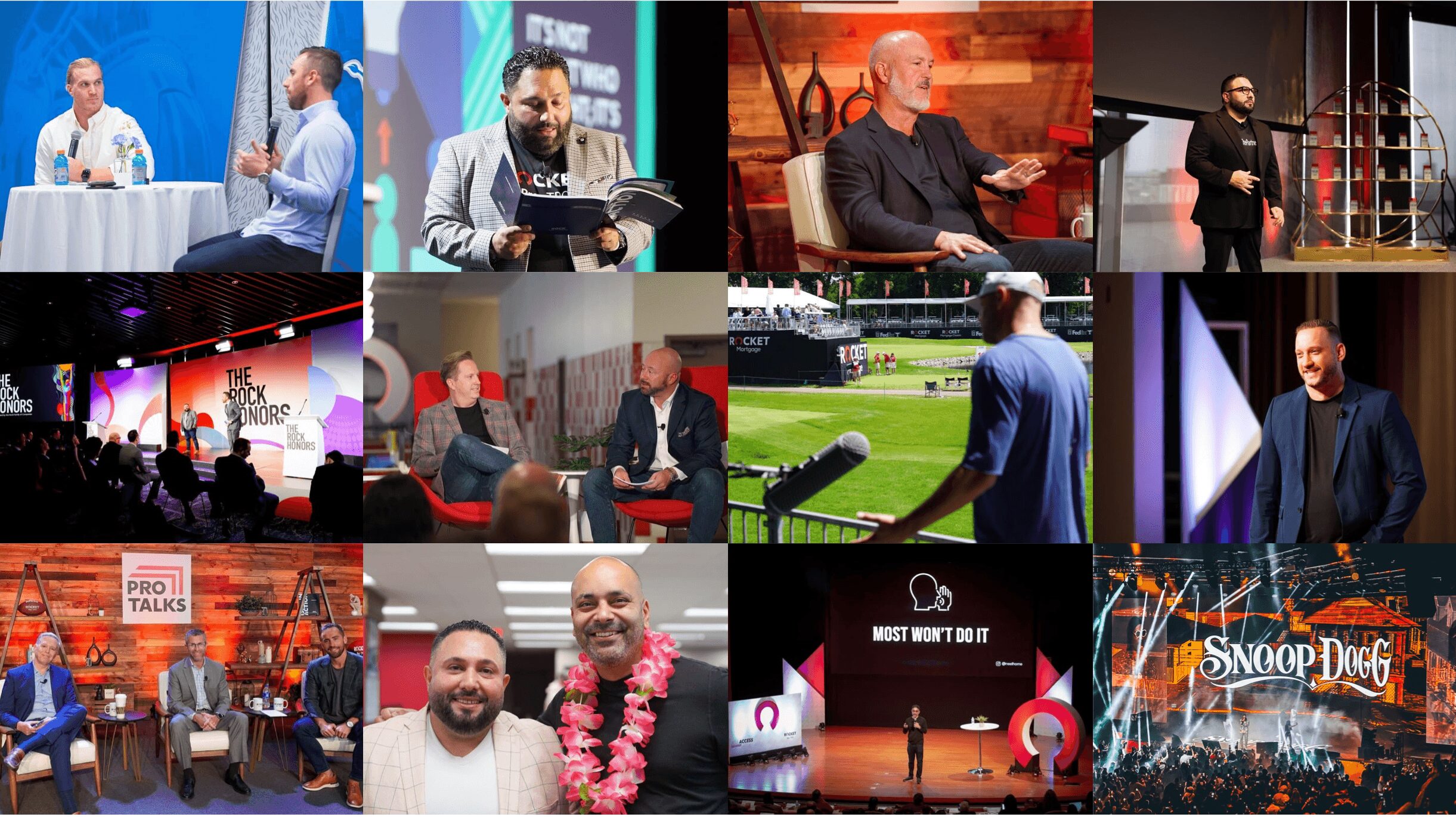 Collage of people speaking, performing, and attending events on stage and outdoors.