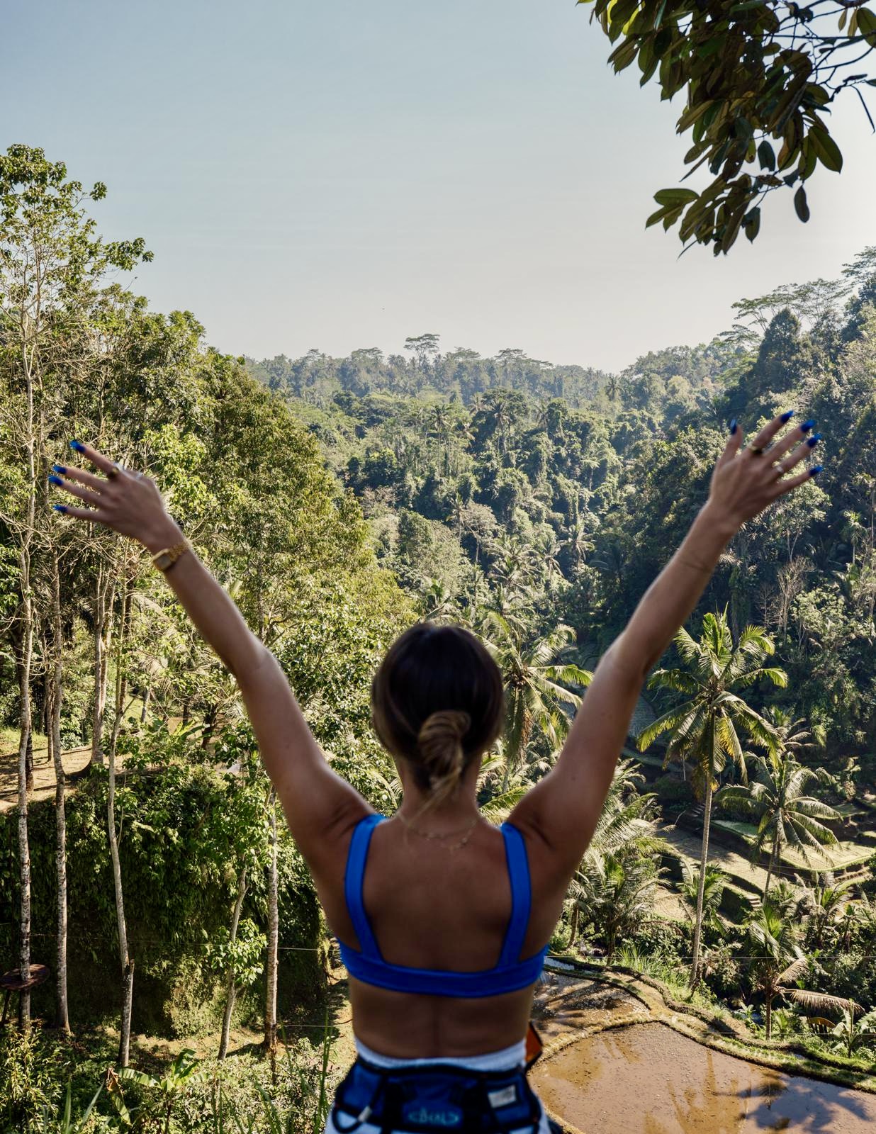 Person with arms raised outdoors in a lush, green landscape with trees and hills, facing away from the camera.