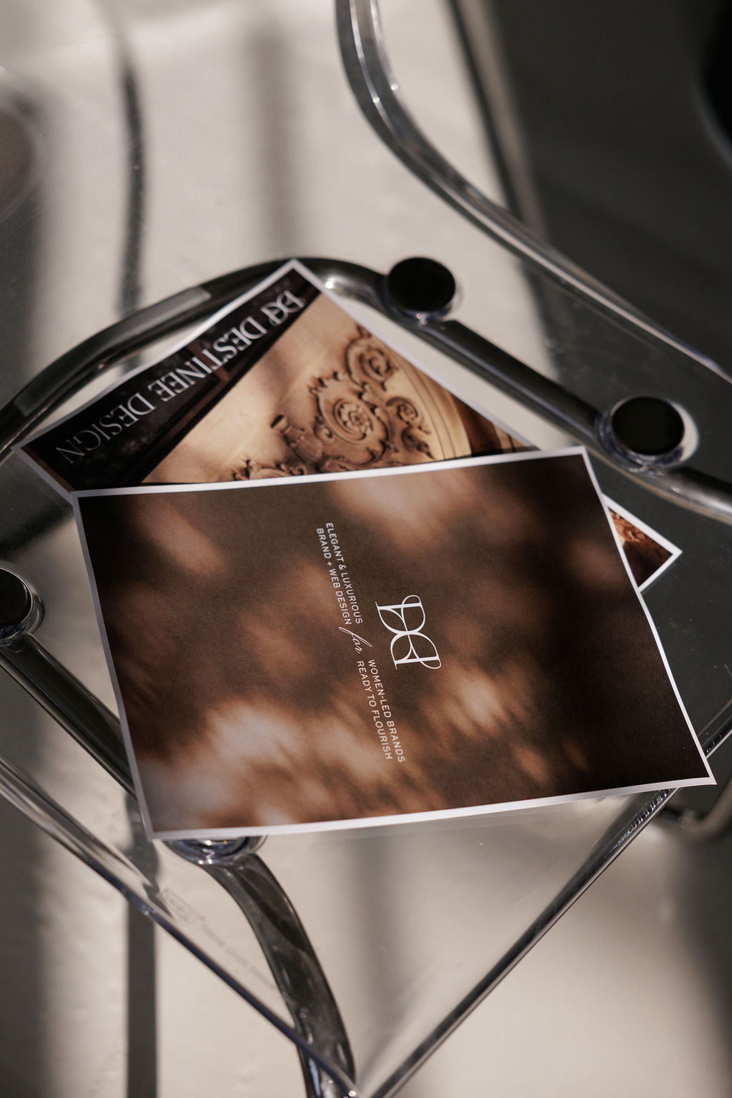 Two overlapping brochures or cards on a transparent chair, one with a lion image and the other with a logo and text.