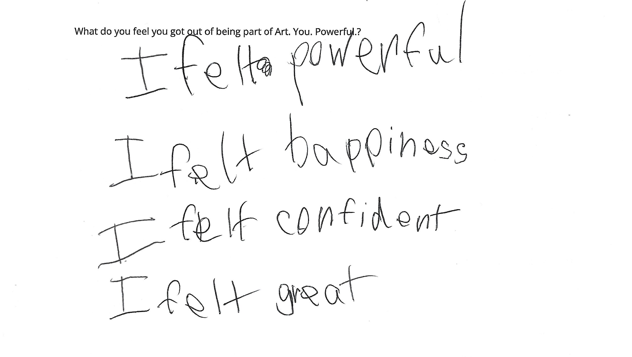 Handwritten note expressing feelings of power, happiness, confidence, and greatness.