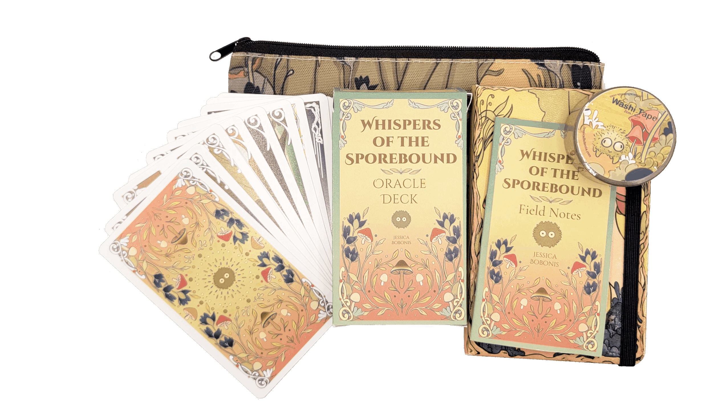 Cards and booklets titled 'Whispers of the Sporebound' arranged on a black surface.