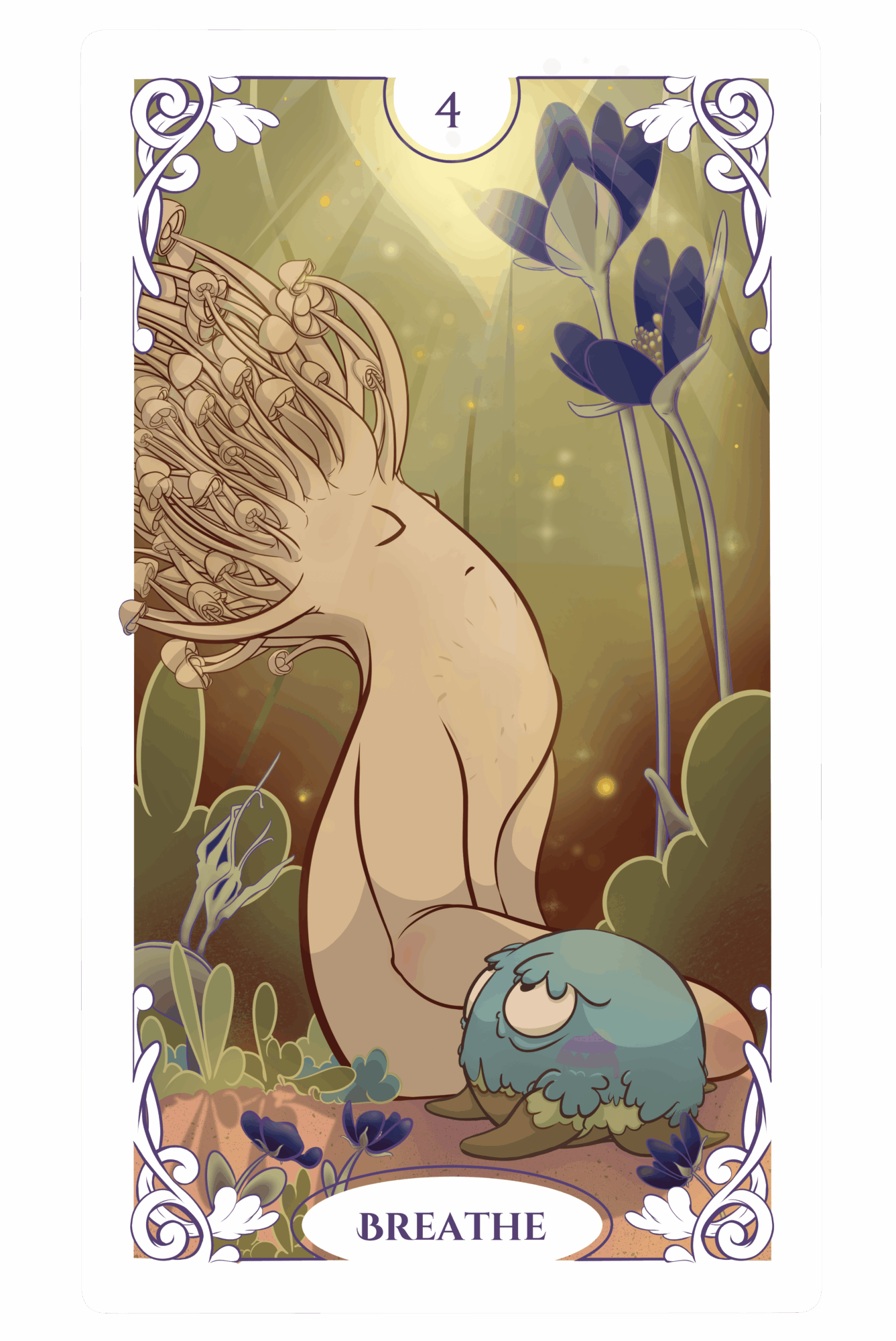 A tree with a face and a small blue creature with closed eyes in a forest, surrounded by plants and glowing lights.