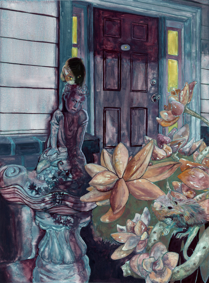 A girl with a mask stands outside a door surrounded by large flowers and floating objects, in a colorful scene.