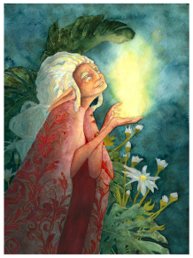 A woman with long white hair holds a glowing object, surrounded by flowers and lush greenery, in a fantasy setting.