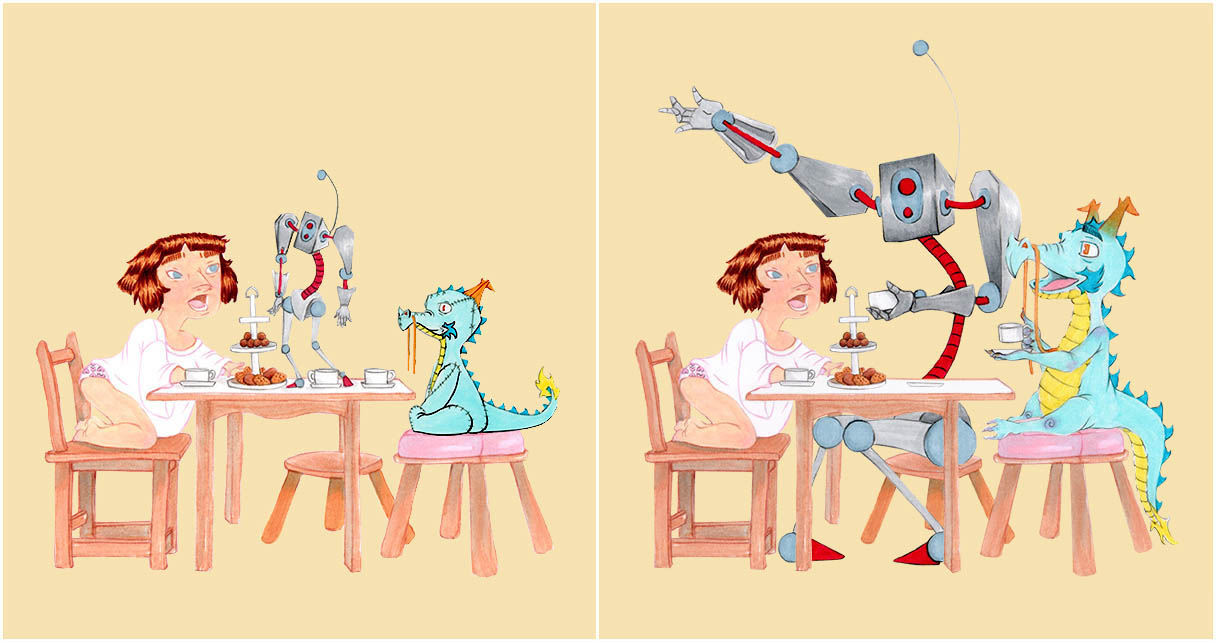 Two images showing a girl at a table with a robot and a blue creature, one with the robot and creature missing, the other with a robot holding a wrench. 20 words.
