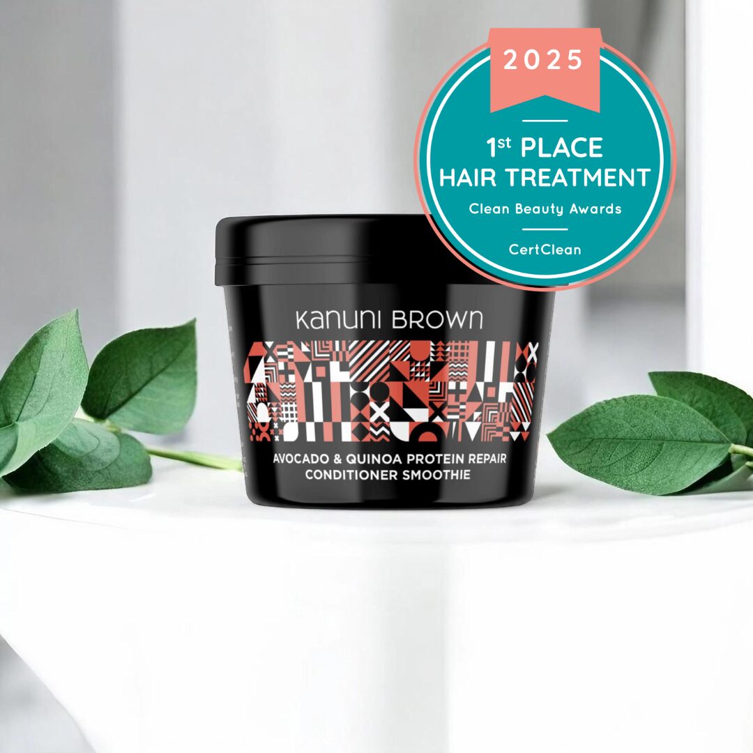 Black container labeled 'Kanuni Brown' with geometric design, surrounded by green leaves, and a badge indicating first place in hair treatment, 2025.
