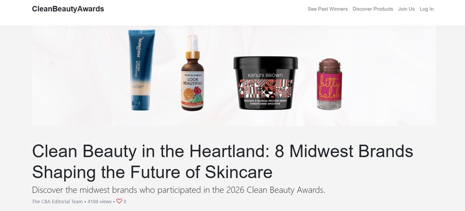 Four skincare products displayed on a white background, with text about Midwest skincare brands and the 2026 Clean Beauty Awards.