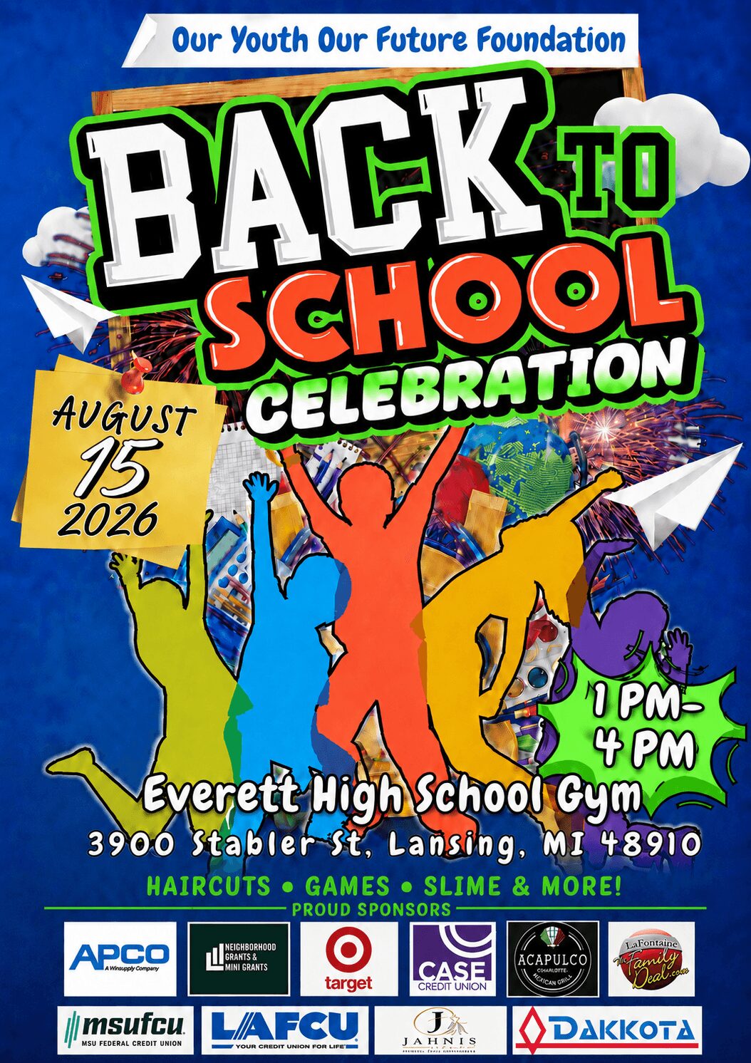 Colorful poster for back-to-school celebration at Everett High School Gym, August 15, 2026, 1 PM to 4 PM, with children and paper airplanes.