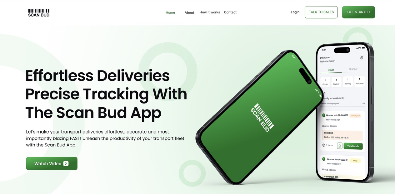 Website homepage with a green smartphone displaying the Scan Bud app and a second phone showing tracking features, text about delivery tracking.