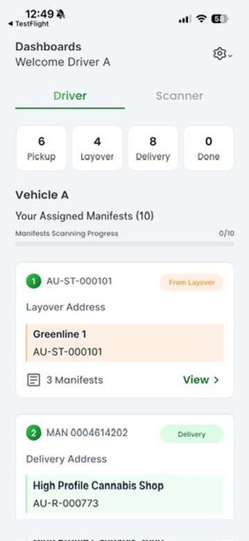 Screenshot of a delivery dashboard showing vehicle, manifests, and delivery details.