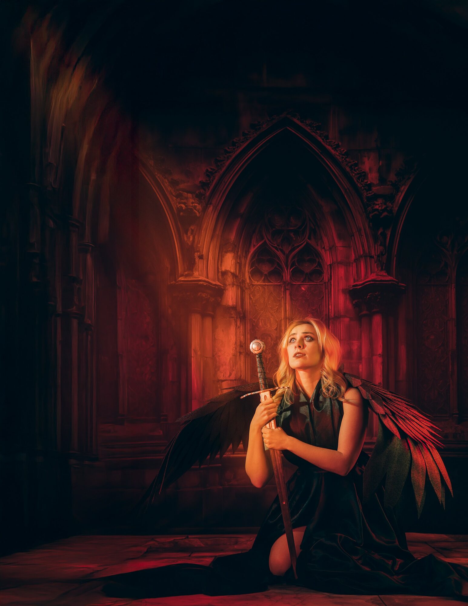 Woman with wings holding a staff in a gothic cathedral interior, dimly lit with red and orange tones.