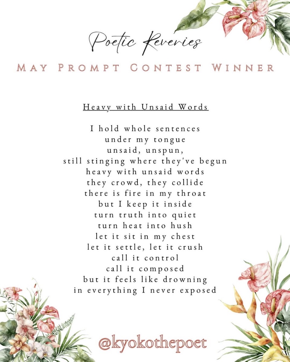 Poetry poem titled 'Heavy with Unsaid Words' with floral decorations at top right and bottom left corners, and contest winner mention.