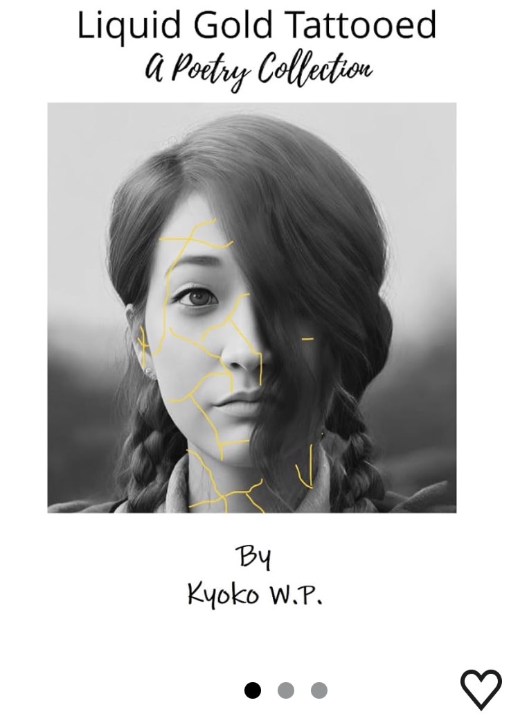 Book cover with a black-and-white portrait of a woman with braided hair, text about a poetry collection, and a heart icon.