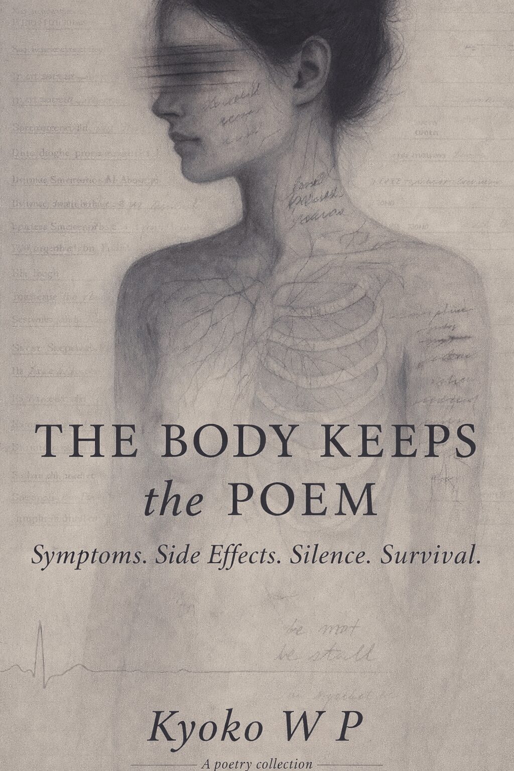 A sketch of a woman with visible internal body structures, with text about body and poetry, author Kyoko W P.