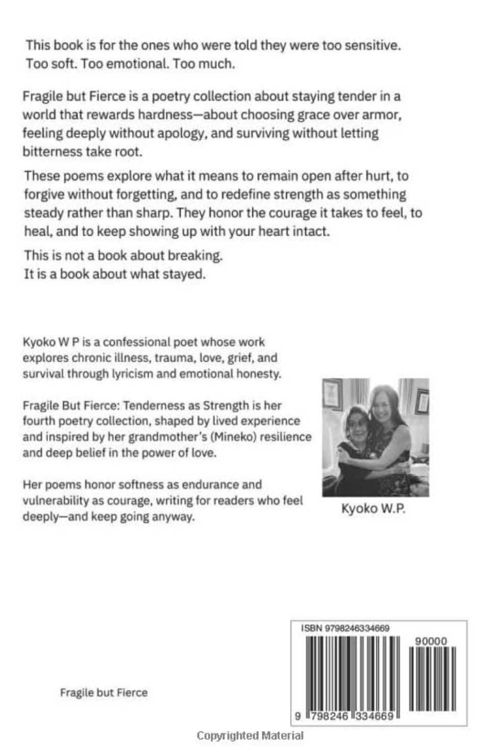 Page with text about a book, including a quote from Kyoko W.P. and a barcode at the bottom.