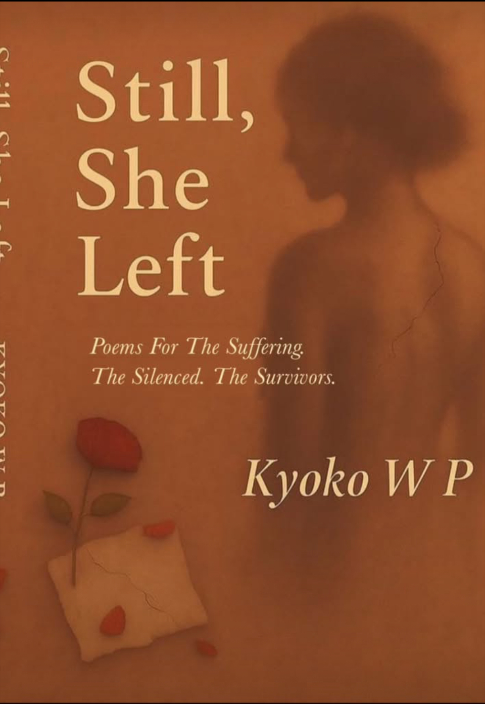 Book cover with a silhouette of a woman, a red flower, and text about poetry and survivors.