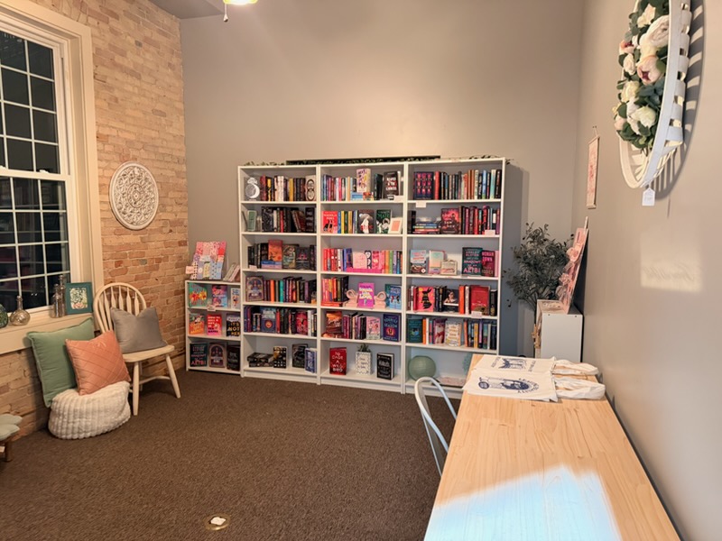 Bookshelves filled with books against a gray wall, a desk with papers, and a seating area with chairs and cushions.