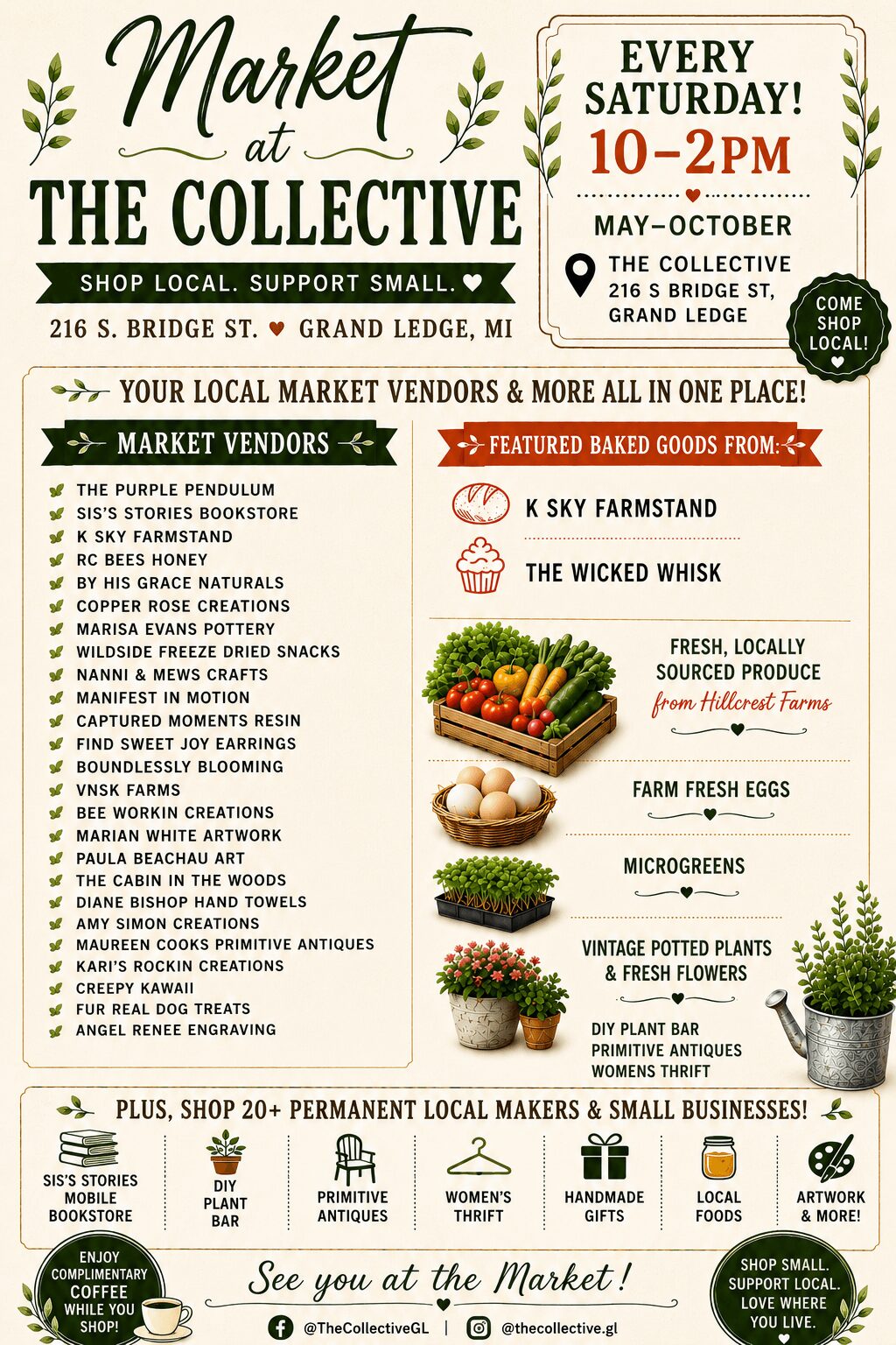 Market event poster with market details, vendor information, and event timings, featuring illustrations of vegetables and flowers.
