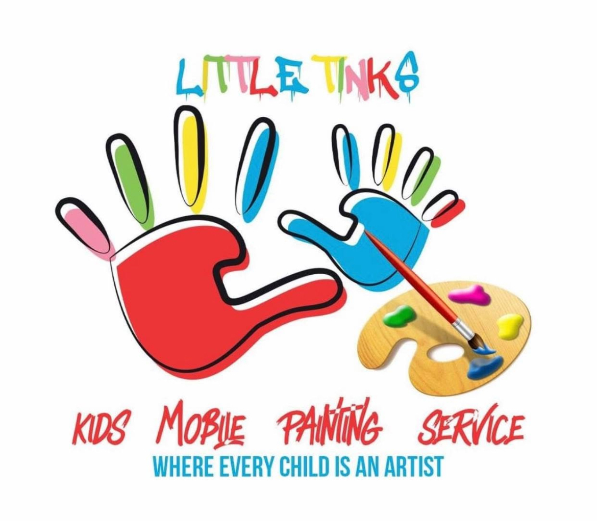 Colorful handprints, paint palette, and text promoting kids' mobile painting service, with a slogan about children as artists.