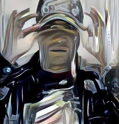 Person wearing a cap and jacket, holding the cap with both hands, with a distorted, abstract appearance.