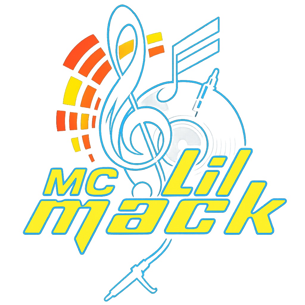 Logo with musical notes, a headphone, and text 'MC Lil MACK' in yellow and blue, with colorful design elements.