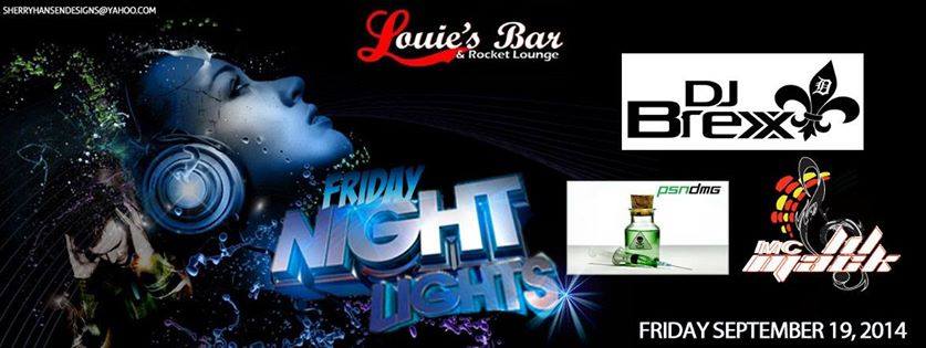Event banner for Friday night at Louie's Bar featuring DJ Brexx, a woman with headphones, and various graphics.