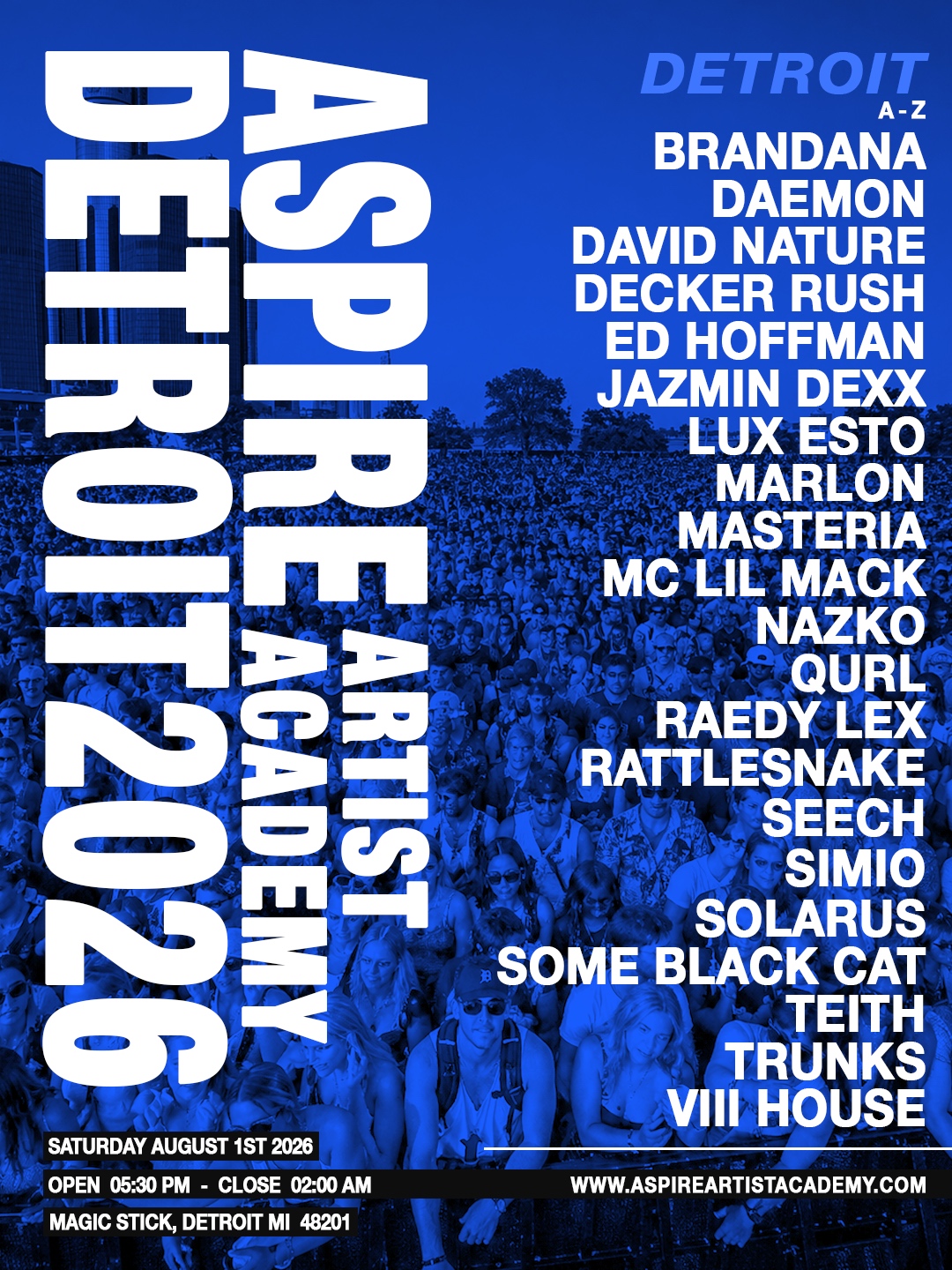 Event poster for Aspire Artist Academy Detroit, August 1-2, 2026, featuring performer names and event details.