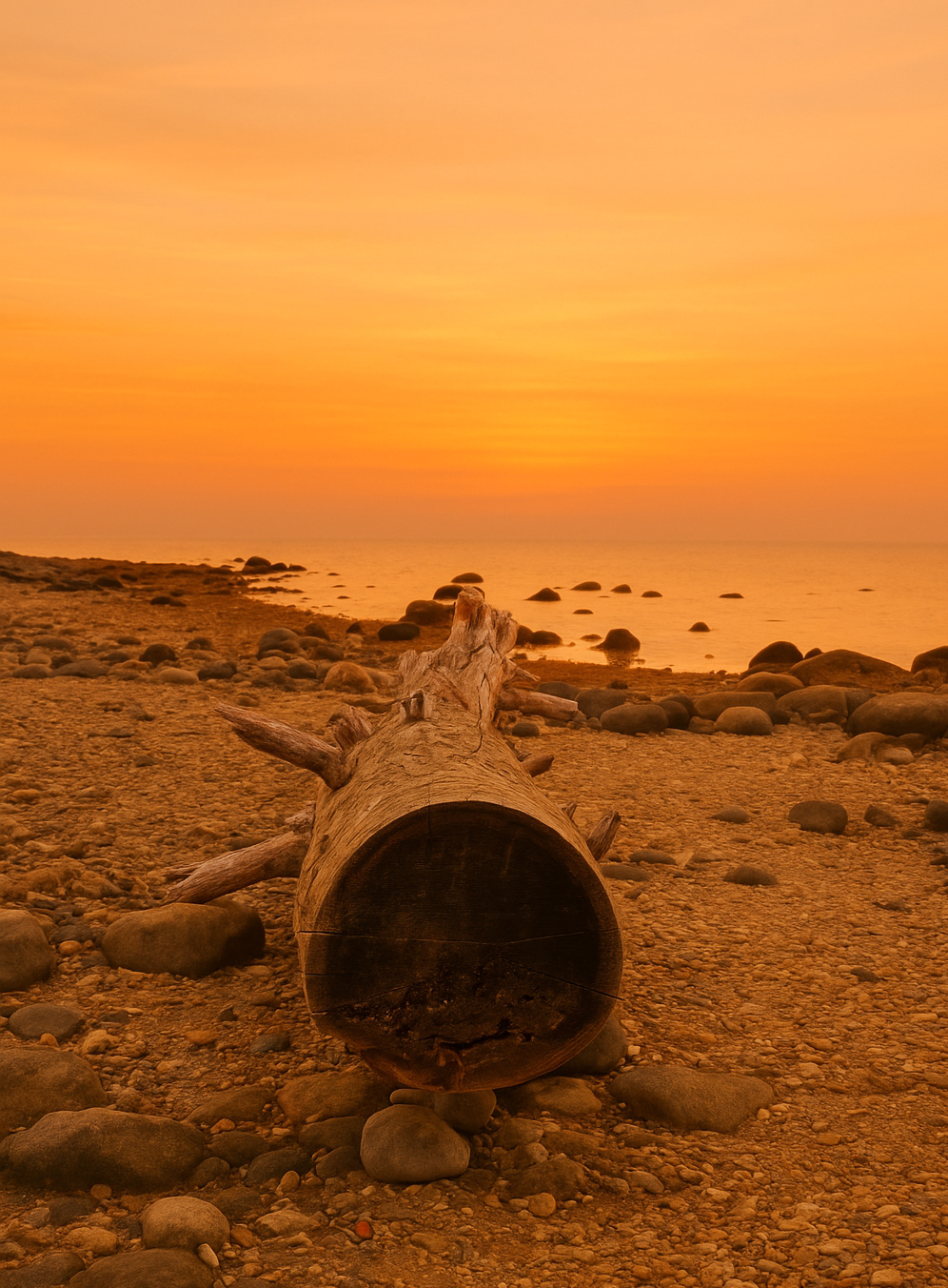 A large hollow log lies on a rocky beach during sunset, with the ocean and sky in warm orange hues.